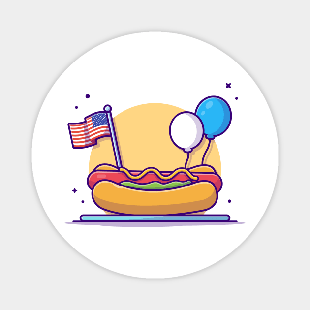 Tasty Hotdog on Plate with USA Independence Day Flag And Balloon Cartoon Vector Icon Illustration Magnet by Catalyst Labs